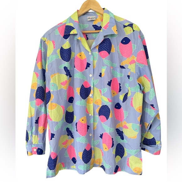 ICanTOO Tops - Vintage ICanTOO Casual Wear Long Sleeve Button Up 80’s Unisex Fish Shirt Size L